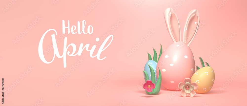 Hello April message with colorful Easter eggs and rabbit ears