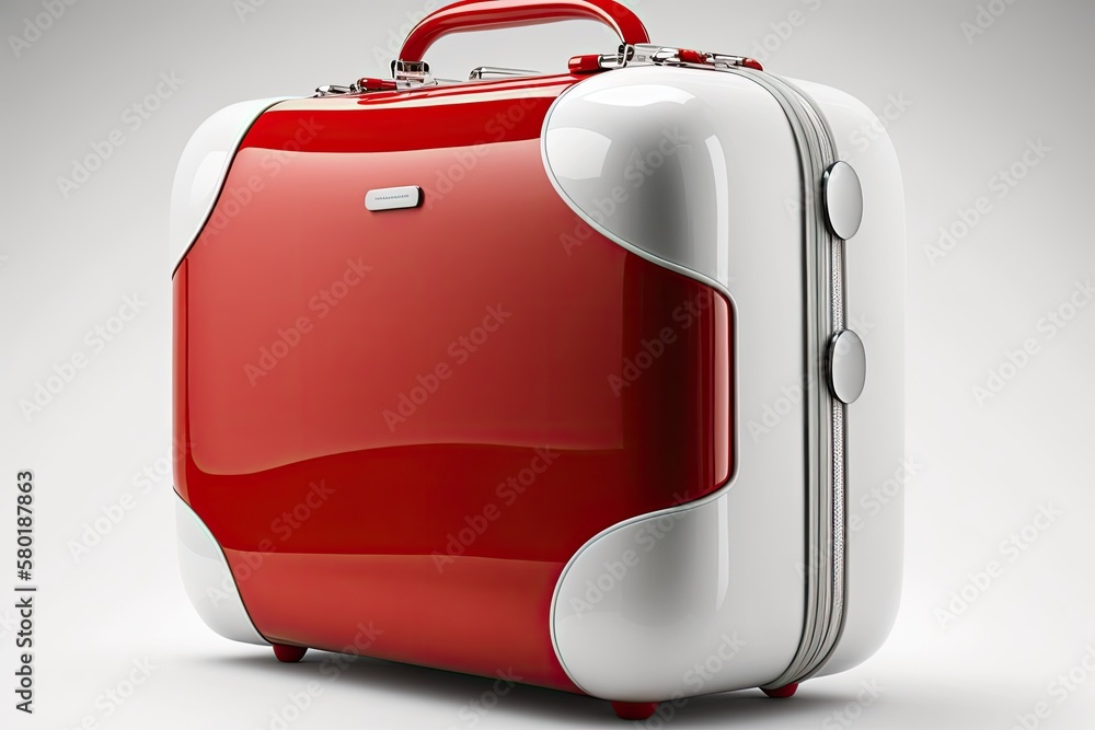 Separated from its background, a red suitcase stands out against the pure white. single glossy carry