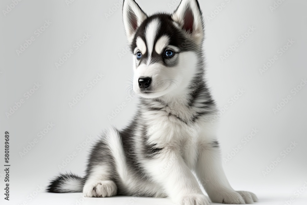 Three month old Siberian Husky puppy in front of a white background. a single Siberian husky against