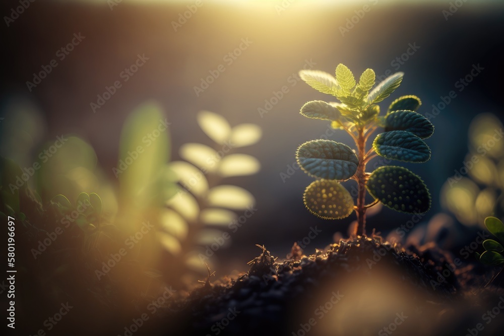Green nature bokeh background with a young plant developing in it at sunrise; an ecological business
