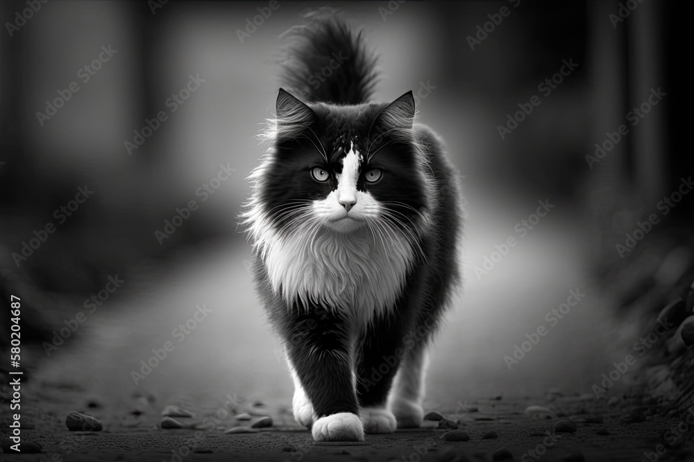 A young, fluffy, black and white stray cat walks down the street in the open air. Animal photography