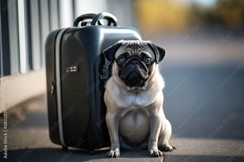 Baggage set for taking pets on the road. A pug waits patiently by a pet carrier, ready to hit the ro