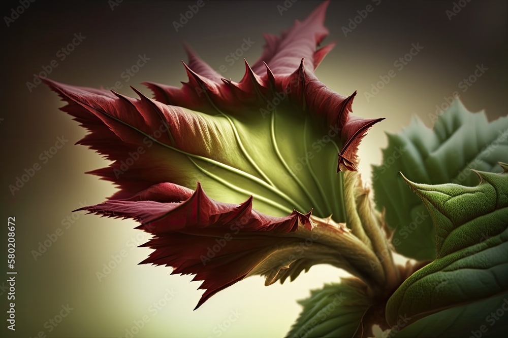 Selected focus closeup of a leaf from a Roselle fruit plant (Hibiscus sabdariffa) in full bloom. Gen
