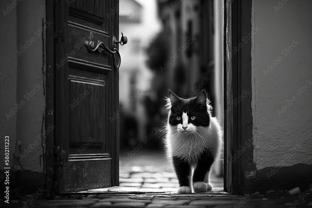 A young, fluffy, black and white stray cat walks down the street near the doors of a house. Close up
