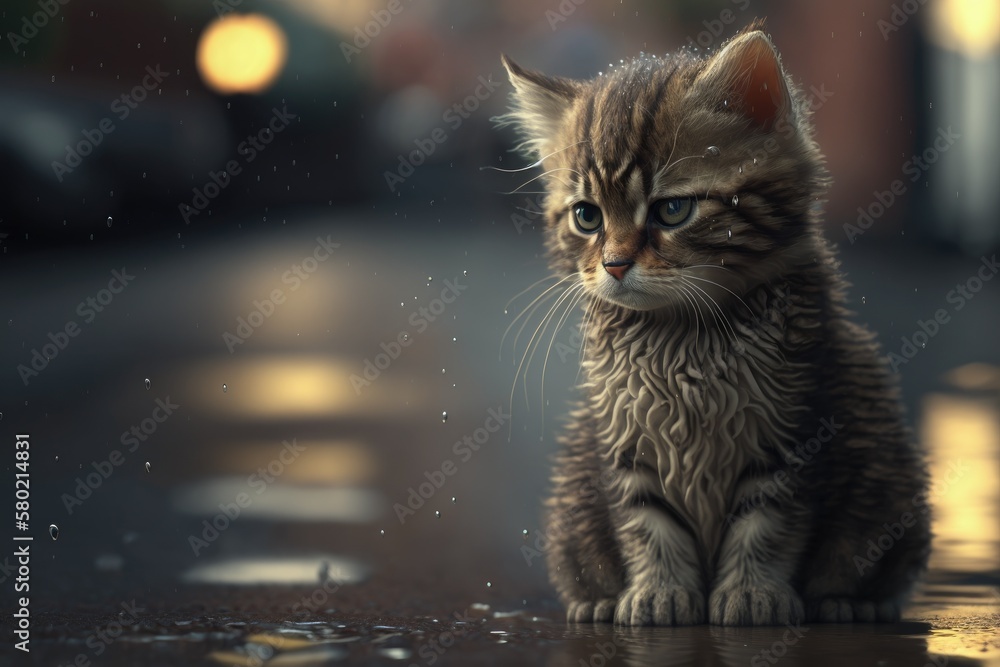 A sad, wet, and homeless kitten was on the street after it rained. The idea of helping animals who a