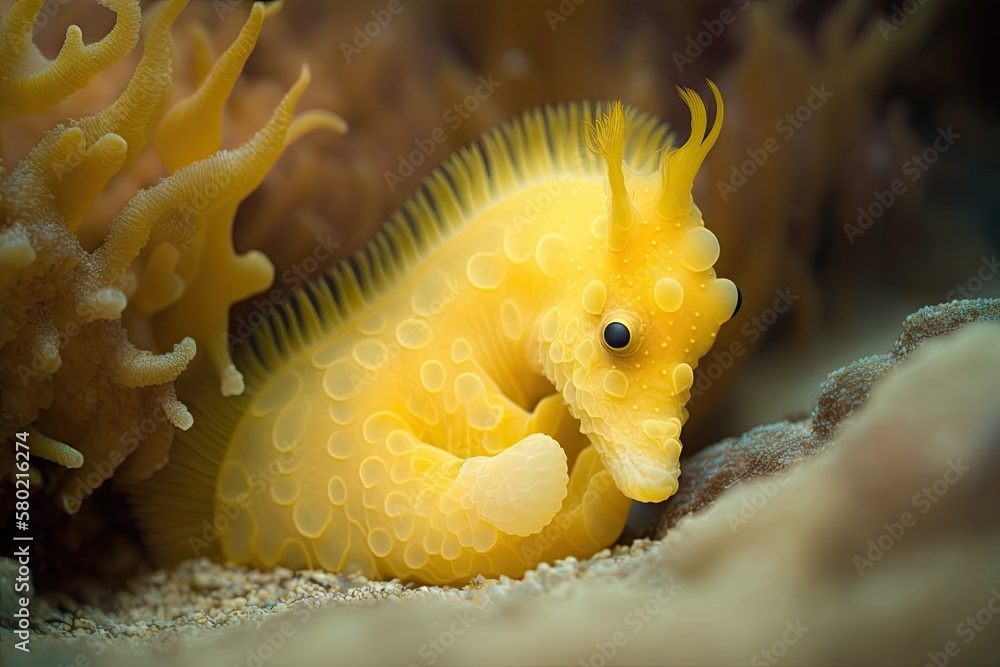Close up of a yellow seahorse sleeping at sea. Generative AI