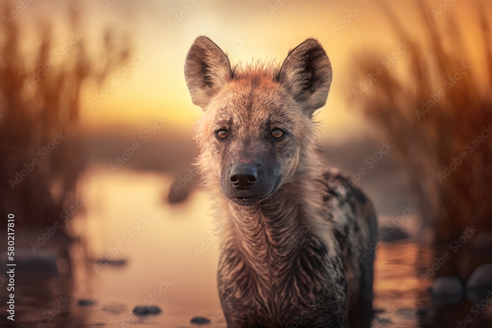 Young hyena pup, how animals act. Hyena, detail portrait. Spotted hyena, Crocuta crocuta, angry anim