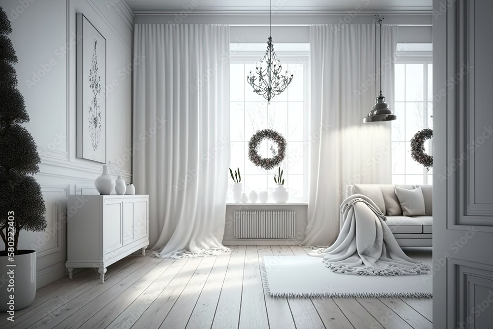 White minimalist home with a hardwood floor, decorations on a big wall, and a white scene outside a 