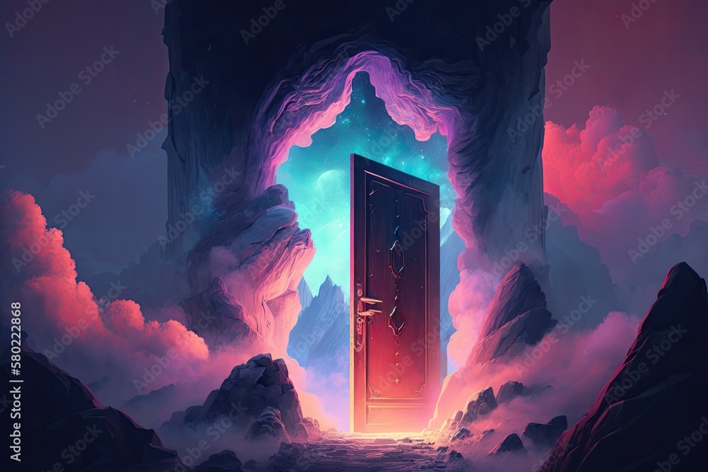Illustration of a magical neon doorway in a misty mountains summit. Generative AI