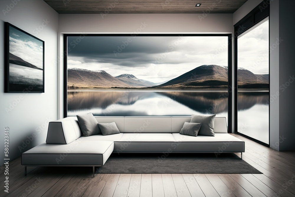 Modern home or upscale hotel living room with sofa on hardwood floor. minimalist interior design wit