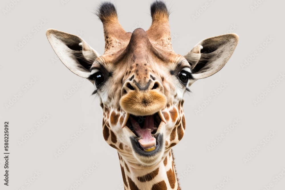 A funny picture of a giraffe sticking out its tongue is shown on a white background. Generative AI