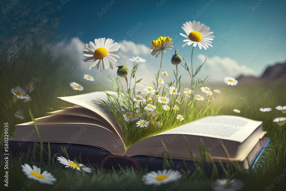 Laying in the grass with a book on a bright spring day. Wonderful springtime landscape with daisies 