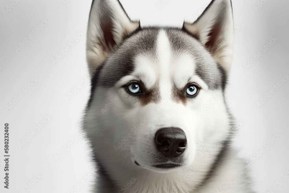 White backdrop with a Siberian huskys face. Generative AI