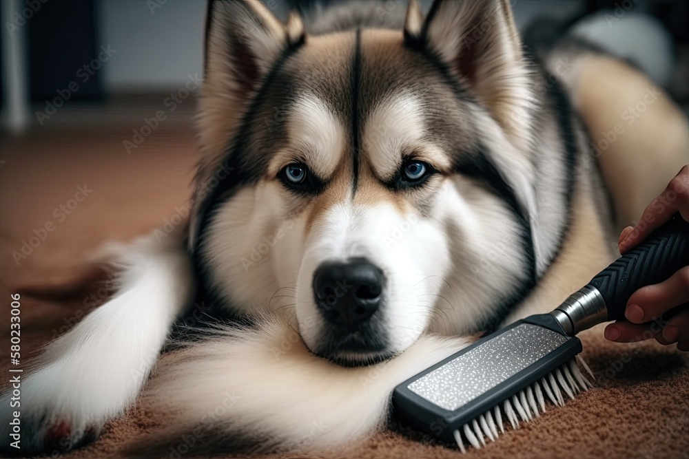 A brown Siberian Husky is shown in a shedding photo, lain on a carpet with his owner brushing off th