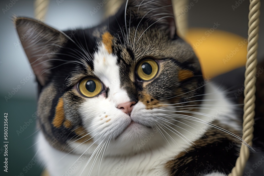 A beautiful tricolored domestic cat with yellow (amber) eyes sits on an indoor cat climbing frame an