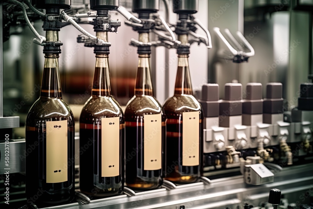 Theme of an industrial wine bottling plant. Alcohol beverage bottling and packaging is performed on 