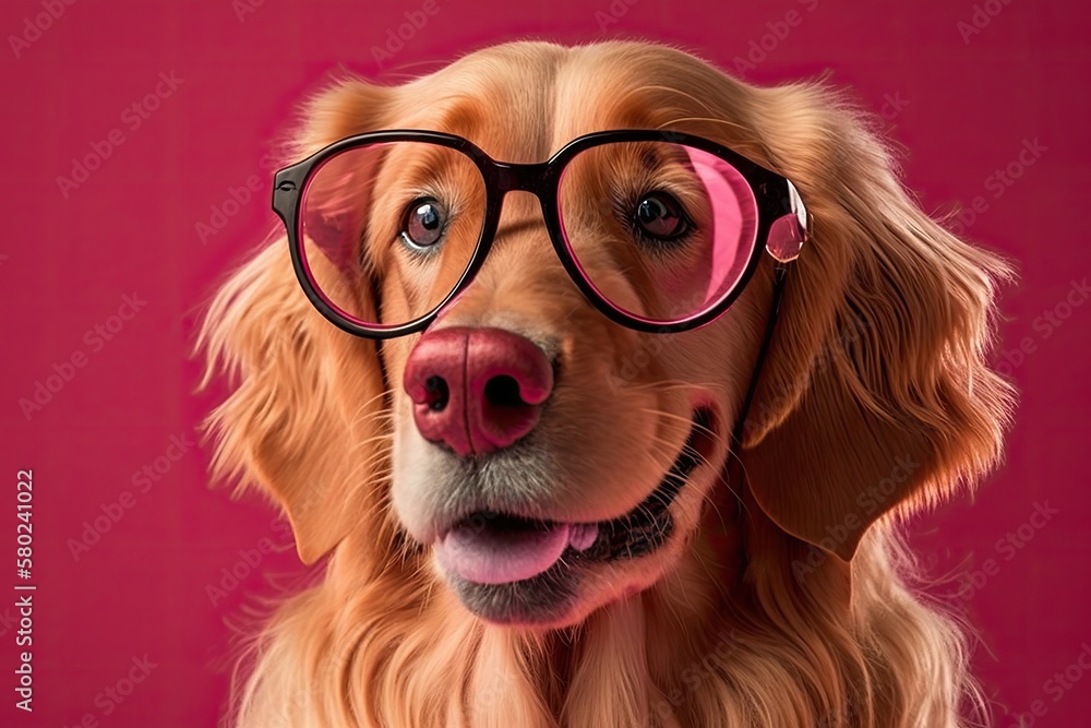 A cute dog with glasses in the shape of a heart is sitting on a pink background. Red Valentines Day