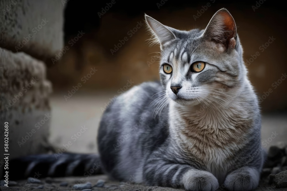 a picture of a stray gray cat, animal themes. Generative AI