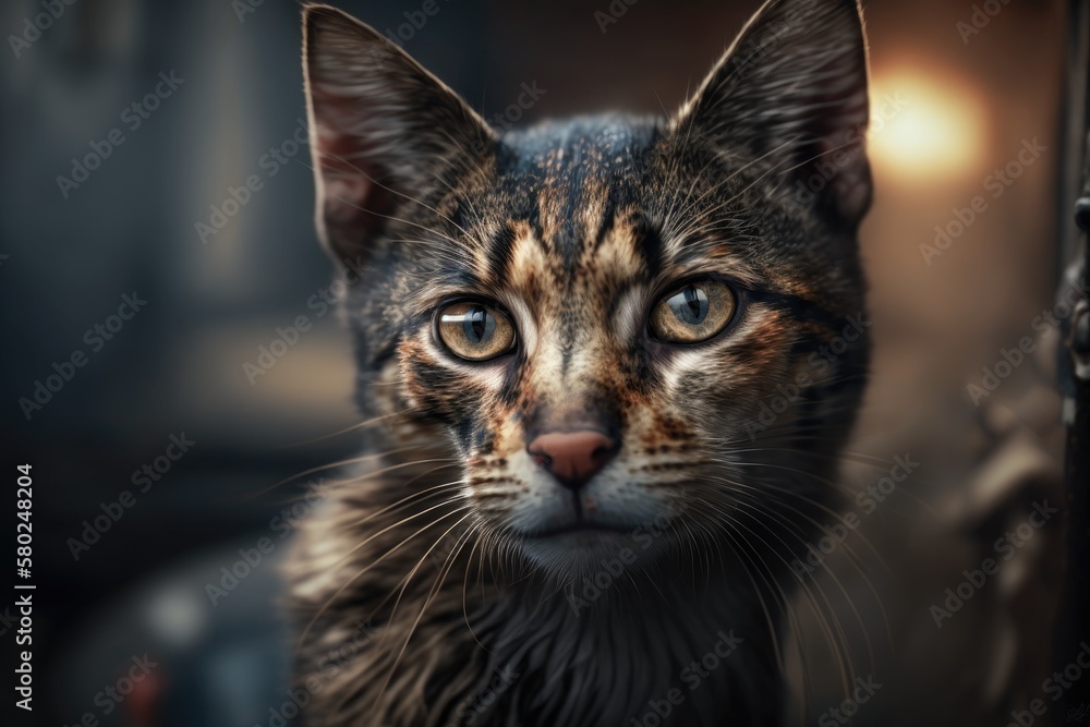 Portrait of a dirty, homeless cat. Animals are homeless. The depth of field is small. A stray cat le