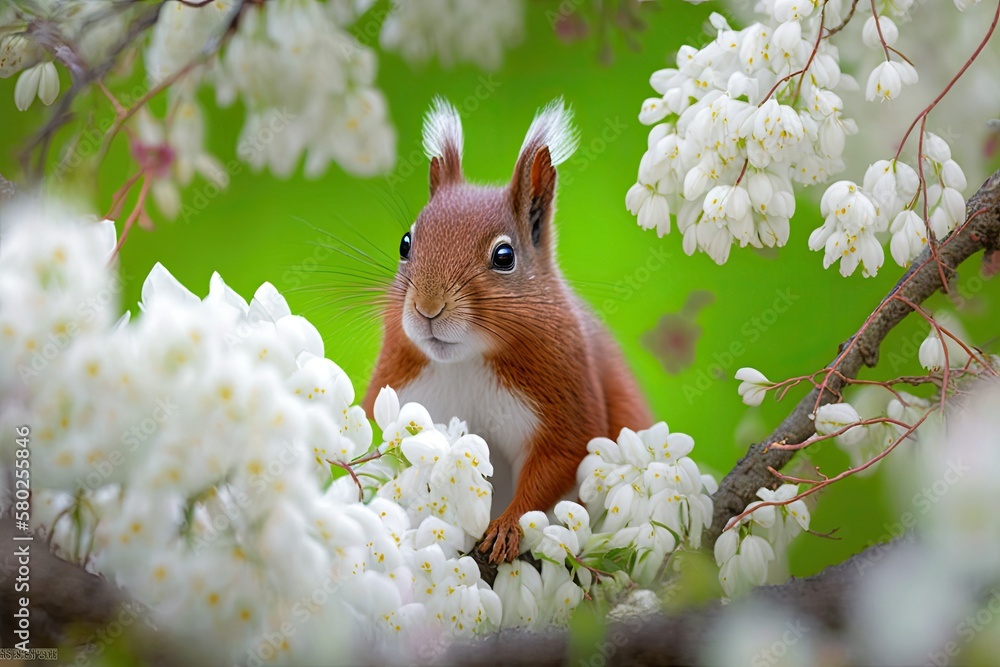 A cute red squirrel sits on a cherry tree in a spring garden full of white flowers. Generative AI