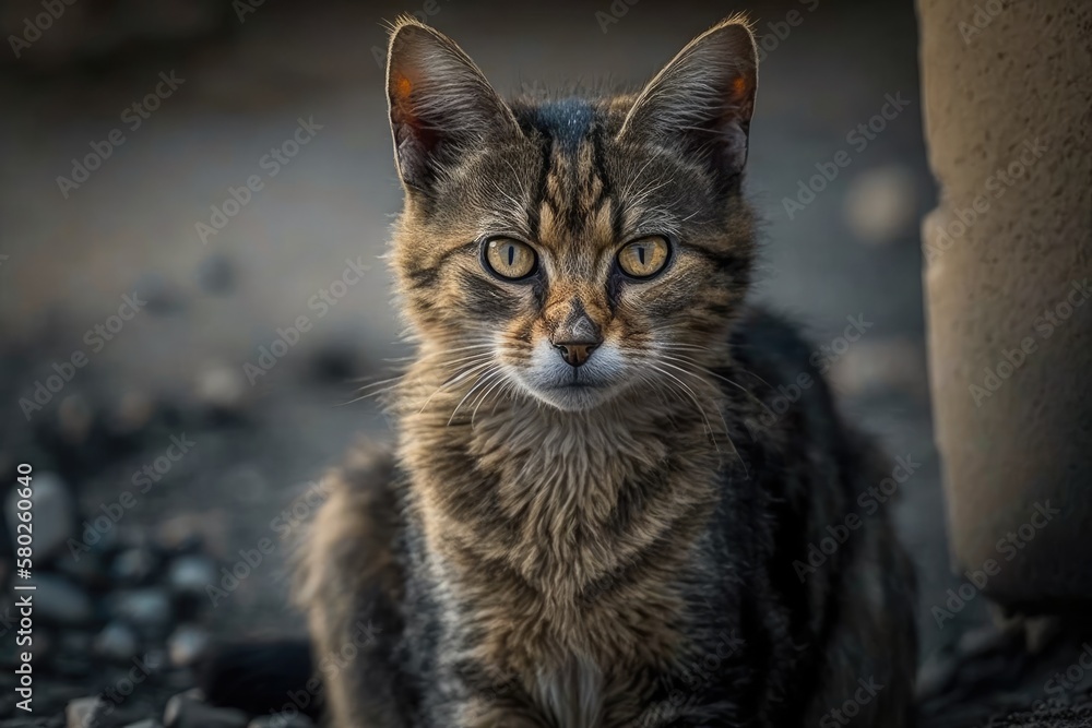 A wild cat. Homeless, dirty cat portrait. Animals are homeless. A small depth of field. A stray cat 