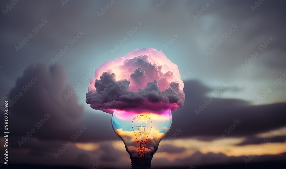  a light bulb with a cloud in the shape of a lightbulb on top of a cloudy sky with a pink and blue h