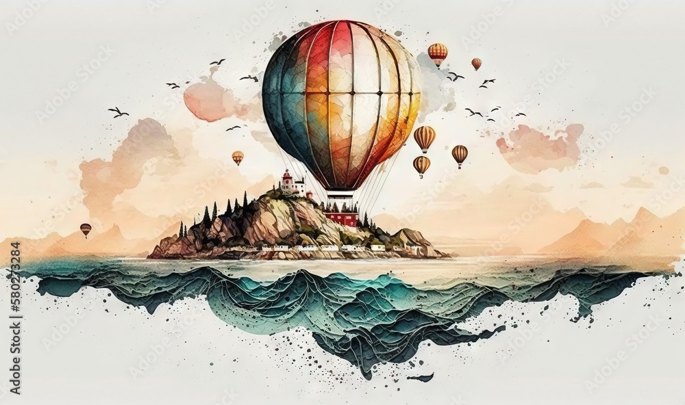  a painting of a hot air balloon flying over a small island with a lighthouse on top of it and birds