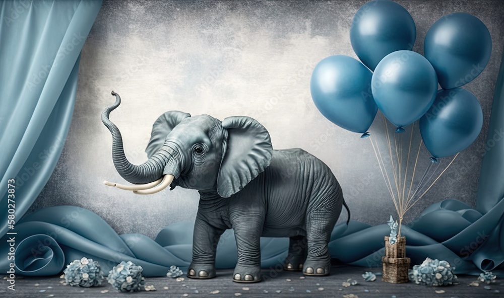  an elephant standing in front of a backdrop with blue balloons and a clock on the wall and a castle