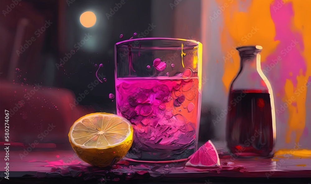  a painting of a glass of water and a lemon next to a bottle of soda and a lemon slice on a table wi