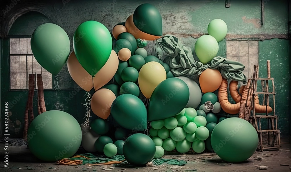  a bunch of balloons that are in the air near a wall with a painting of a person on it and a chair i