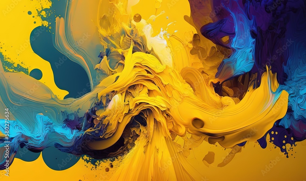  a yellow and blue abstract painting on a yellow background with a black and blue swirl in the middl