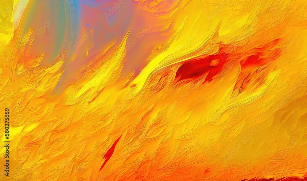 a painting of a yellow and red fire with a blue sky in the background and a red car in the middle o