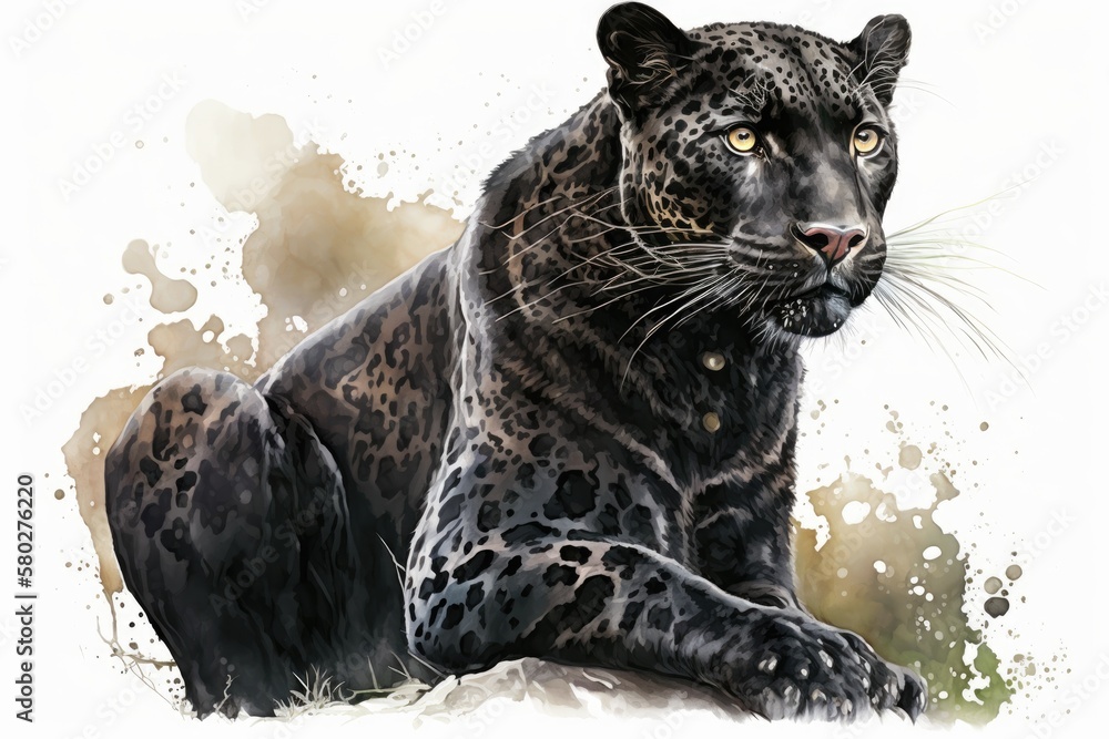 On a pure white background, a black jaguar stands out. Watercolor. illustration. Products such as po