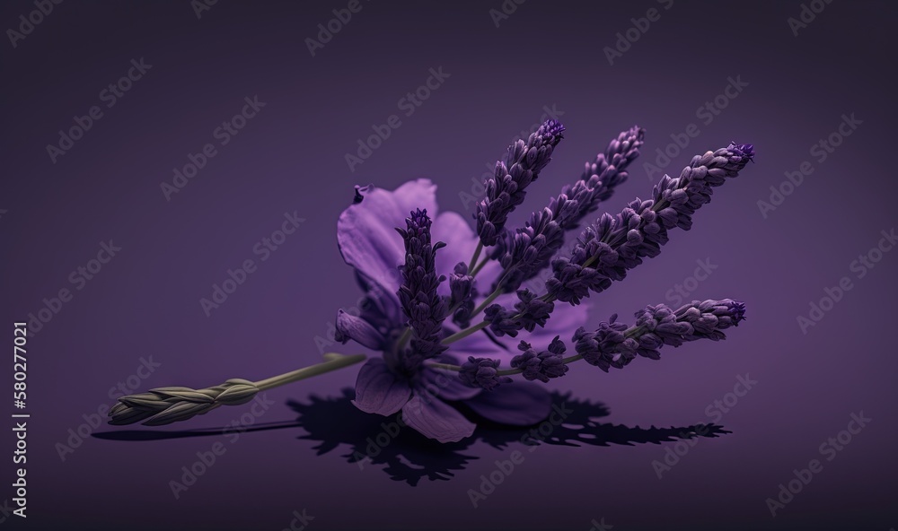 a purple flower with long stems on a purple background with a shadow on the floor of the flower ste