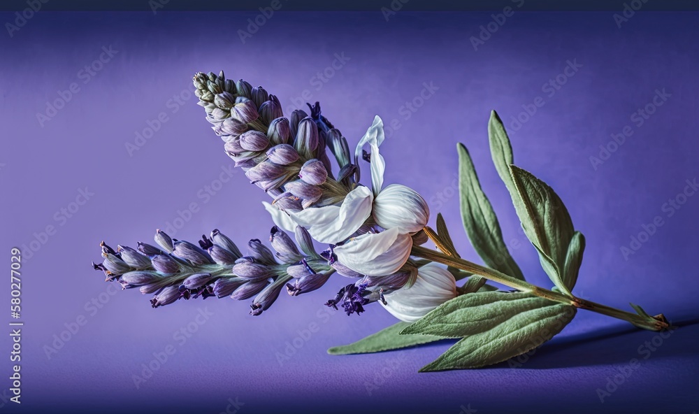  a purple background with a purple flower and a green leafy stem on the left side of the frame, and 