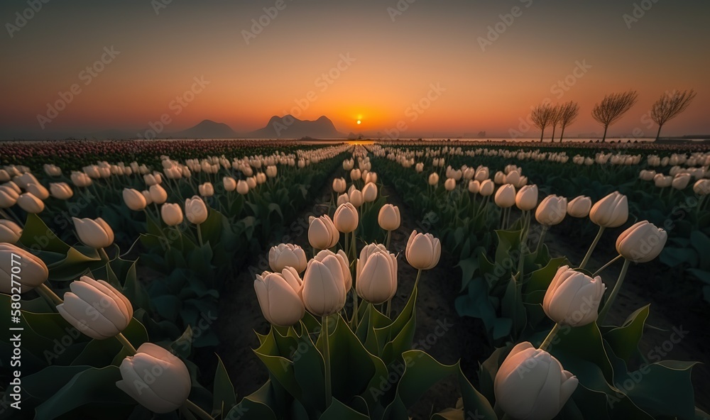  a field of white tulips with the sun setting in the distance in the distance, with mountains in the