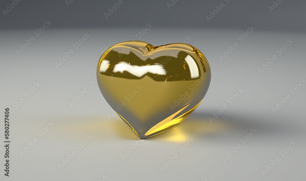  a shiny gold heart shaped object on a gray surface with a shadow on the ground and a light reflecti