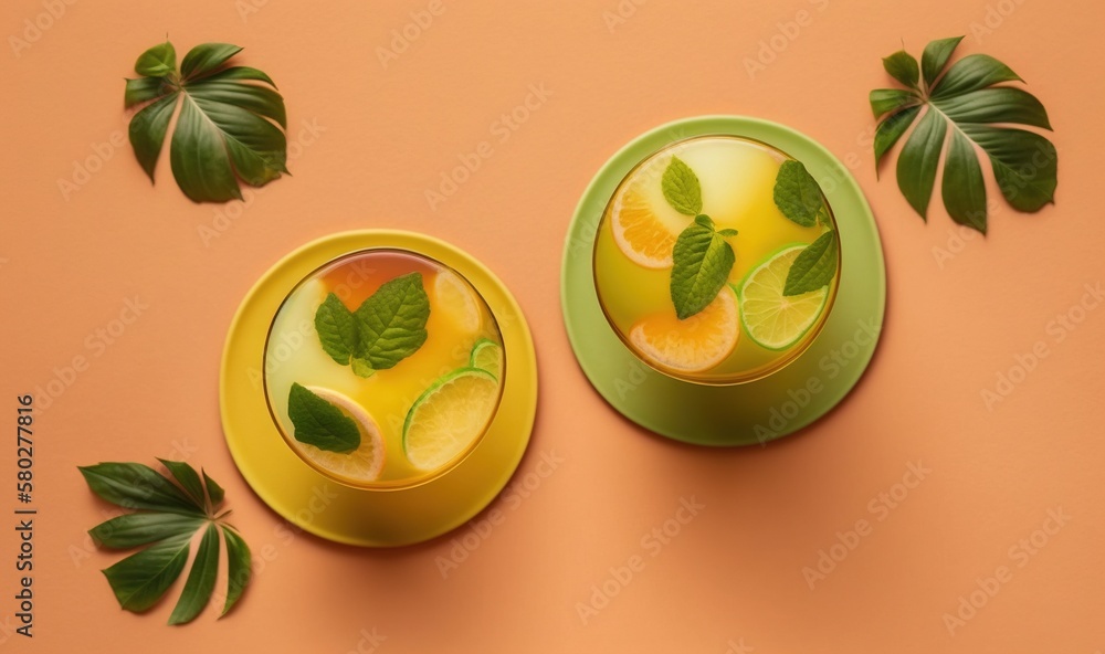  two glasses of lemonade with green leaves on a pink background with a green plate and a green leaf 