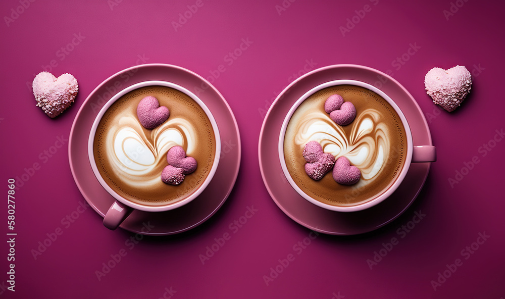  two cups of hot chocolate with hearts on top of them on a pink surface with pink sugar hearts on th