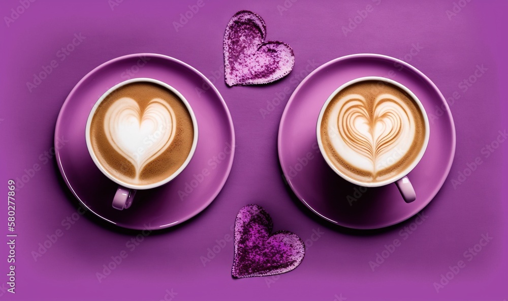  two cups of coffee with hearts on them on a purple surface with a purple heart on the side of the c