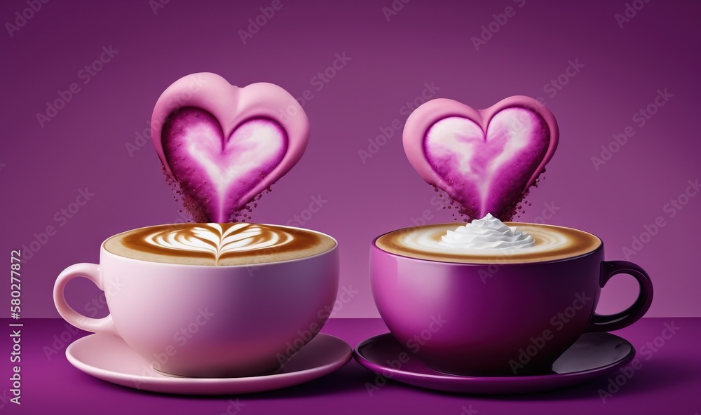  a couple of cups of coffee with hearts on top of them and whipped cream in the middle of the cups, 