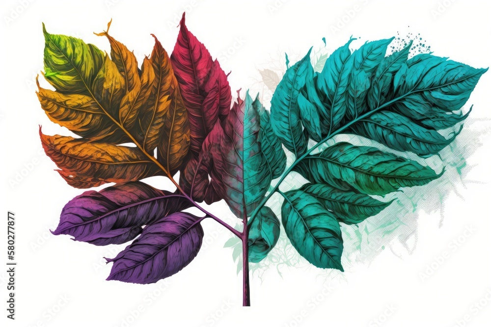 Illustration of tropical tree leaves colored by hand. Reducing the path between two points. Generati