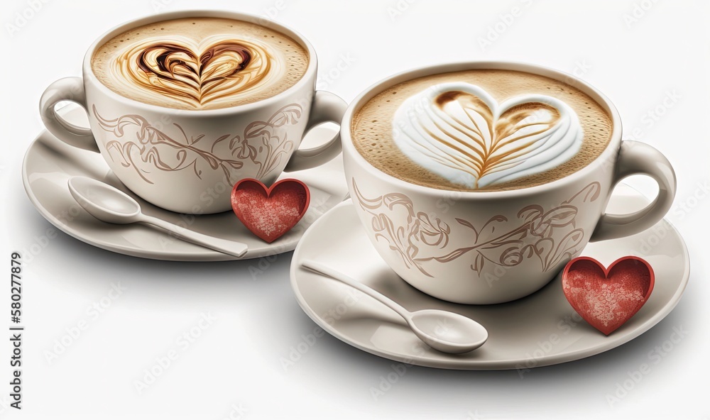  two cups of coffee with heart designs on the top and bottom of the cups are sitting on saucers with