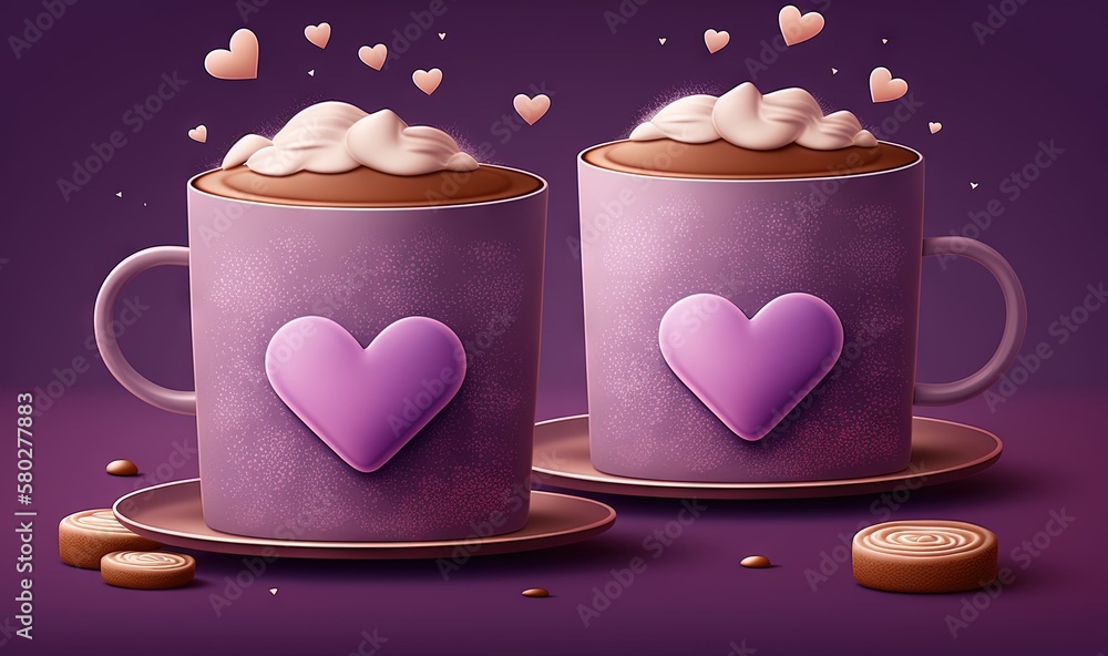  two coffee mugs with hearts on them and marshmallows falling out of the mugs on the side of the mug