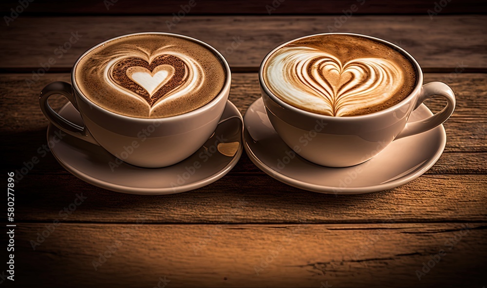  two cups of coffee with hearts on them on a wooden table with a heart drawn in the foam on the top 