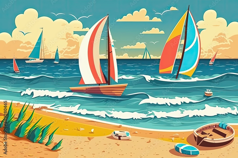 Beach during the day, summer vacation, and seaside relaxation. a seascape featuring sailing vessels 