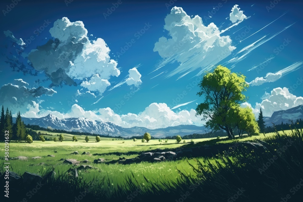 Scenery of a summery green meadow and azure sky. Generative AI