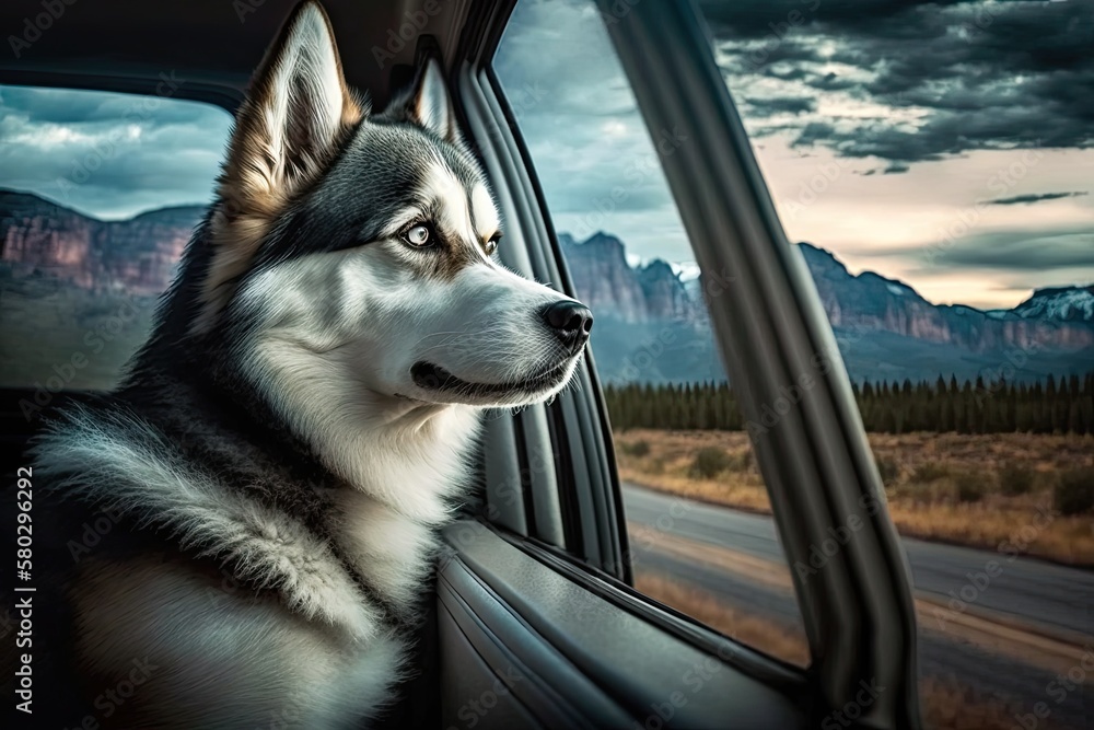 Lovely husky waiting to go on a road trip, seated in the cars passenger seat. Generative AI