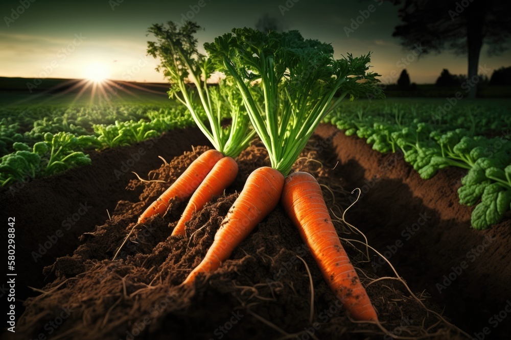 Carrots at their peak, growing in a field. Practicing organic agriculture. Generative AI