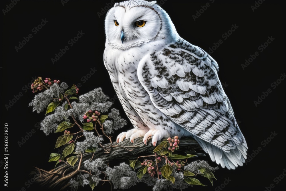 an arctic owl that is white in color. Painting in watercolor. Snow owls perch on a tree limb. Lovely